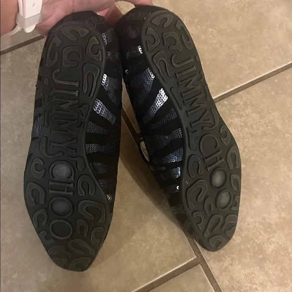 Jimmy Choo 7.5 black velvet with navy sequins gold inside loafers - Picture 6 of 12